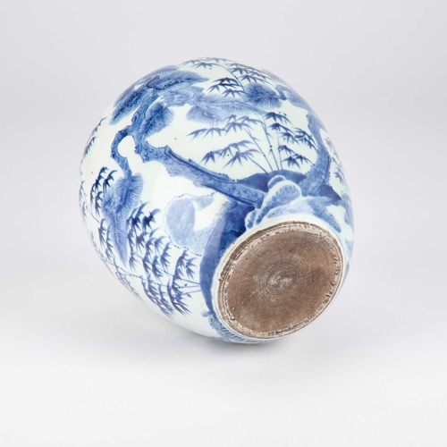 128 - A CHINESE BLUE AND WHITE JAR painted with the three friends of Winter, the neck with a geometric ban... 