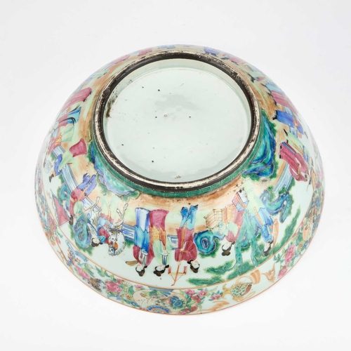 129 - A LARGE CANTON PORCELAIN FAMILLE ROSE BOWL, QING DYNASTY painted and gilt with elaborate scenes of c... 