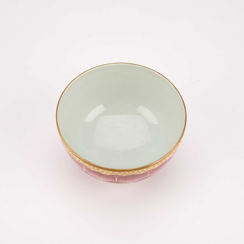 130 - A CHINESE FAMILLE ROSE 'LOTUS' BOWL enamelled on the exterior of the deep rounded sides with three r... 