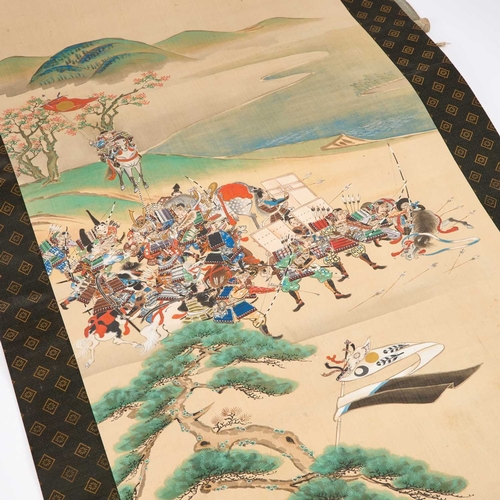 168 - MATSUBARA SAKU, KAKEJIKU, LATE 19TH CENTURY in ink and colour on silk, depicting a scene from the Ba... 