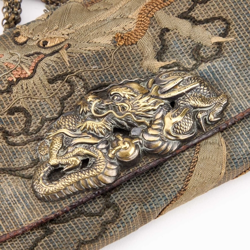 170 - A JAPANESE TABAKO-IRE (TOBACCO POUCH) WITH KAGAMIBUTA NETSUKE worked with a dragon, the brass mae-ka... 