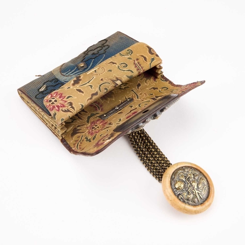 170 - A JAPANESE TABAKO-IRE (TOBACCO POUCH) WITH KAGAMIBUTA NETSUKE worked with a dragon, the brass mae-ka... 