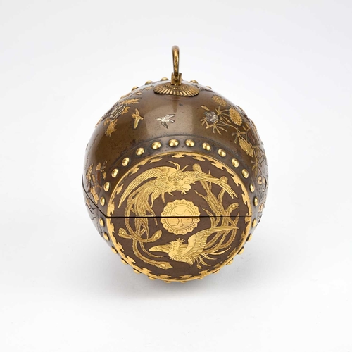 174 - A JAPANESE DRUM-SHAPED INLAID BRONZE TEBAKO, EDO PERIOD - MEIJI PERIOD opening in two parts, decorat... 