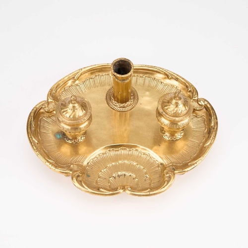 176 - A 19TH CENTURY GILT-METAL INKSTAND shell-shaped. 26cm long