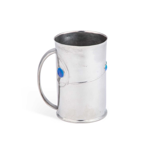 183 - ARCHIBALD KNOX (1864-1933) FOR LIBERTY & CO, A TUDRIC PEWTER AND ENAMEL MUG cylindrical, cast with s... 