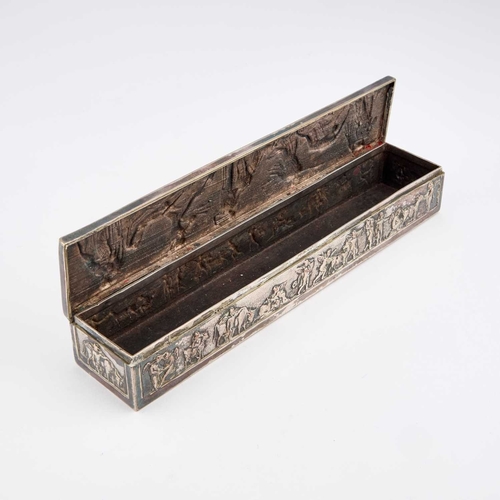 195 - AN ELKINGTON & CO SILVER-PLATED BOX rectangular, decorated in relief with Classical figures. 23.5cm ... 