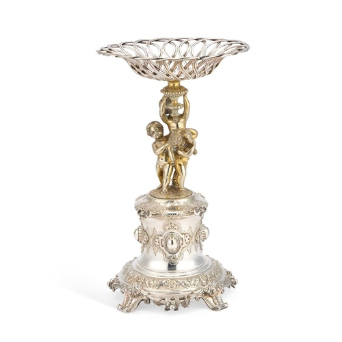 196 - A VICTORIAN PARCEL-GILT SILVER-PLATED CENTREPIECE with a figural stem. 33cm high