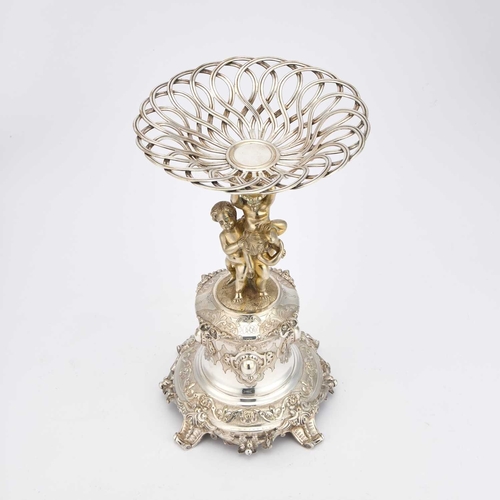 196 - A VICTORIAN PARCEL-GILT SILVER-PLATED CENTREPIECE with a figural stem. 33cm high