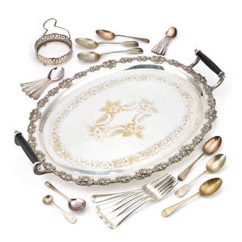 197 - A LARGE SILVER-PLATED TWO-HANDLED TRAY oval, with a grape and vine pattern border; together with a g... 