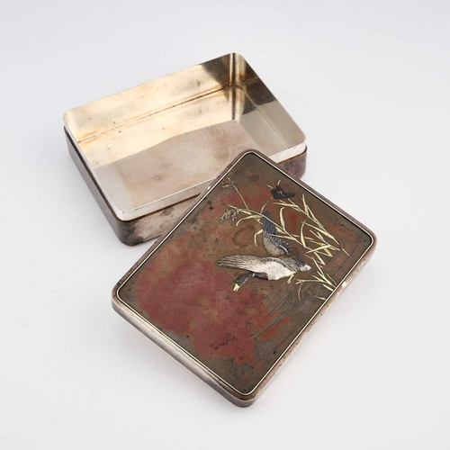 208 - A JAPANESE SILVER AND MIXED METALS BOX Meiji period, signed, the lid decorated in relief with a duck... 