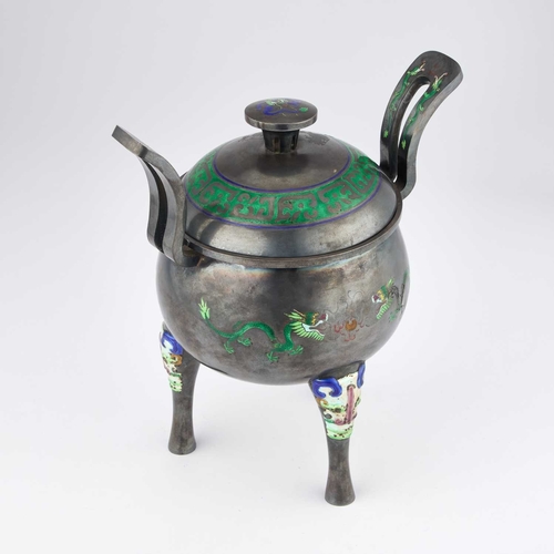 218 - A RARE CHINESE SILVER AND ENAMEL TRIPOD CENSER marked to the underside, decorated with blue and gree... 