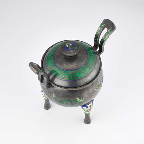 218 - A RARE CHINESE SILVER AND ENAMEL TRIPOD CENSER marked to the underside, decorated with blue and gree... 