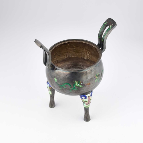 218 - A RARE CHINESE SILVER AND ENAMEL TRIPOD CENSER marked to the underside, decorated with blue and gree... 