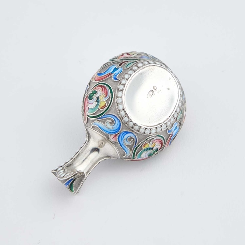 219 - A RUSSIAN SILVER AND ENAMEL KOVSH Moscow, Second Kokoshnik mark, 1908-1926, decorated in scrolling f... 