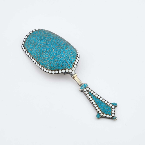 229 - A LATE 19TH CENTURY RUSSIAN SILVER AND ENAMEL SUGAR SPOON by Gustav Klingert, c.1890, decorated in w... 