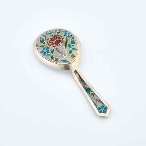 230 - A NORWEGIAN SILVER AND PLIQUE-Ã-JOUR ENAMEL CADDY SPOON unmarked, decorated with stylised flowers. ... 