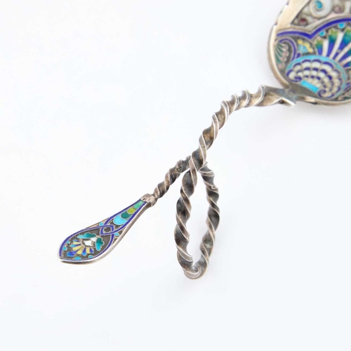 231 - A NORWEGIAN SILVER AND PLIQUE-Ã-JOUR ENAMEL SPOON by Marius Hammer, with a fancy twist stem. 13.5cm... 