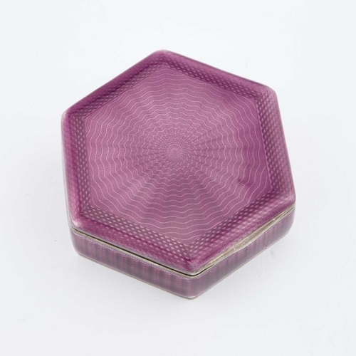 254 - AN ART DECO GERMAN SILVER AND ENAMEL BOX stamped AW 935, hexagonal form, purple guillochÃ© enamel to... 