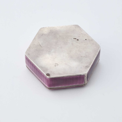 254 - AN ART DECO GERMAN SILVER AND ENAMEL BOX stamped AW 935, hexagonal form, purple guillochÃ© enamel to... 