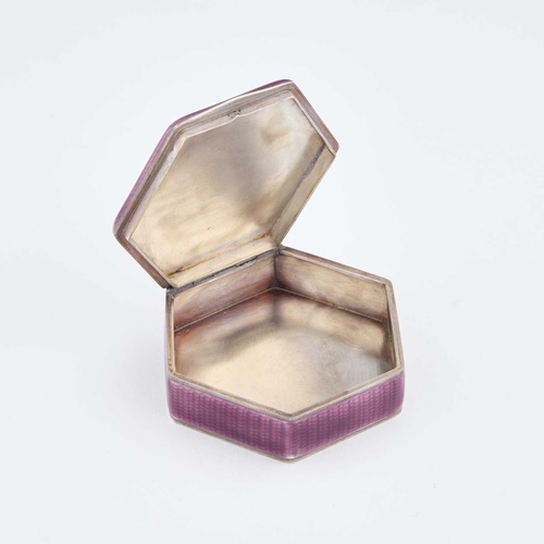 254 - AN ART DECO GERMAN SILVER AND ENAMEL BOX stamped AW 935, hexagonal form, purple guillochÃ© enamel to... 