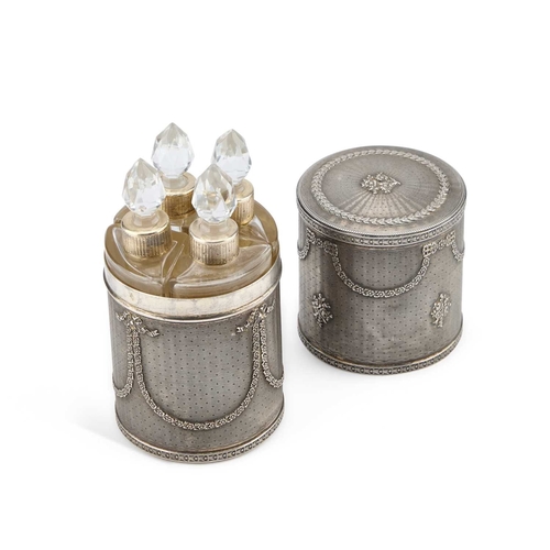 255 - A 19TH CENTURY FRENCH SILVER SCENT BOTTLE CASE maker's mark AS with a dog, the cylindrical engine-tu... 