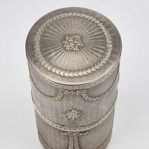 255 - A 19TH CENTURY FRENCH SILVER SCENT BOTTLE CASE maker's mark AS with a dog, the cylindrical engine-tu... 