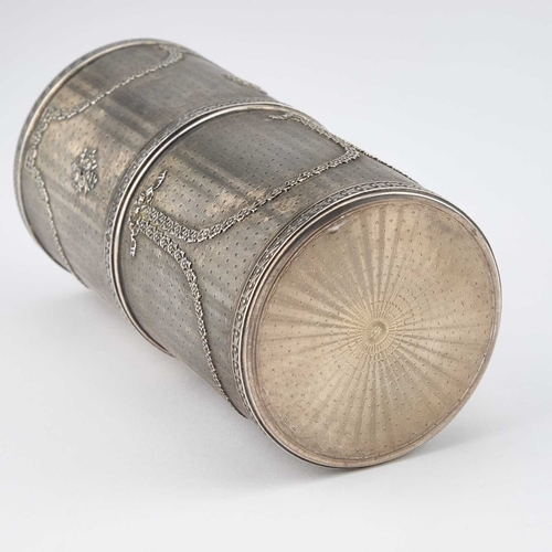 255 - A 19TH CENTURY FRENCH SILVER SCENT BOTTLE CASE maker's mark AS with a dog, the cylindrical engine-tu... 