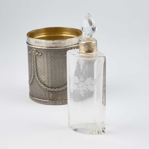 255 - A 19TH CENTURY FRENCH SILVER SCENT BOTTLE CASE maker's mark AS with a dog, the cylindrical engine-tu... 