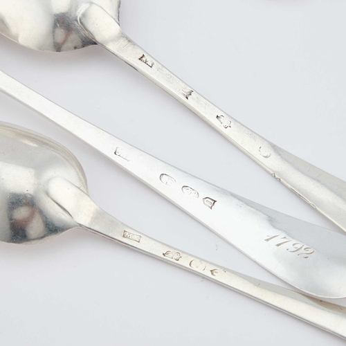 262 - FOUR GEORGE III IRISH SILVER TABLE SPOONS various marks, with bright-cut decoration. (4) Longest 25c... 