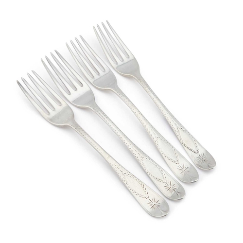 265 - A SET OF FOUR GEORGE III IRISH SILVER TABLE FORKS by William Ward, Dublin 1806, with bright-cut deco... 