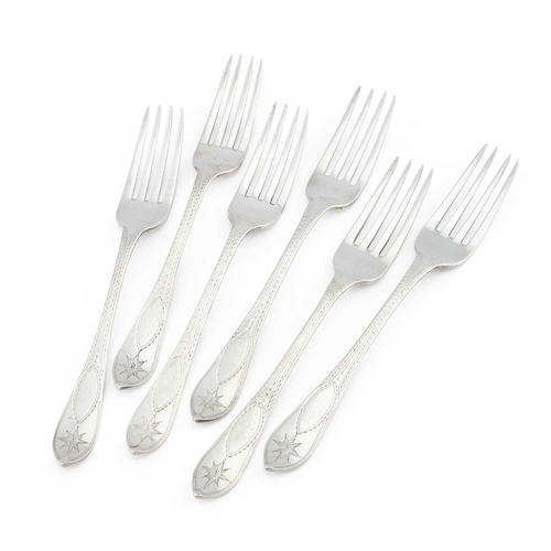 270 - A SET OF SIX GEORGE III IRISH SILVER TABLE FORKS by John Power, Dublin 1805 and 1806, with bright-cu... 