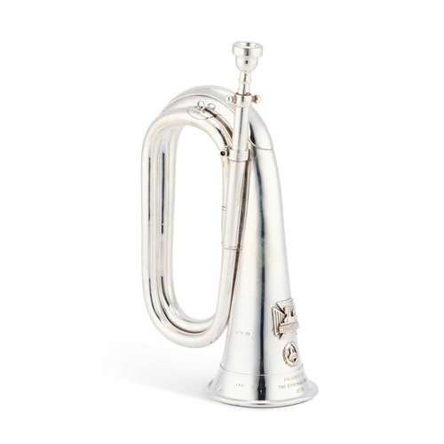 282 - REGIMENTAL INTEREST: AN ELIZABETH II SILVER BUGLE by Kohler & Son, London 1952, with an applied ... 