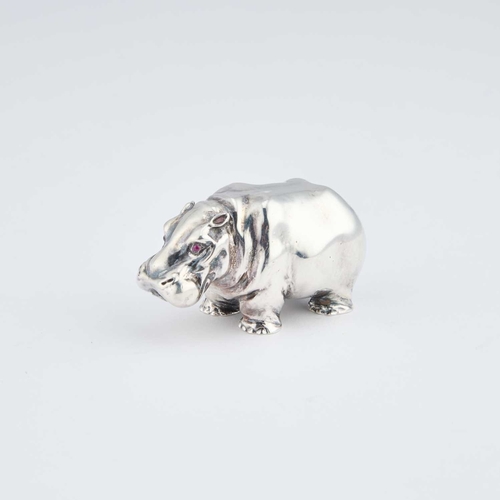 291 - AN ELIZABETH II MINIATURE SILVER HIPPOPOTAMUS by Barry M Witmond, London 1988, modelled standing fou... 