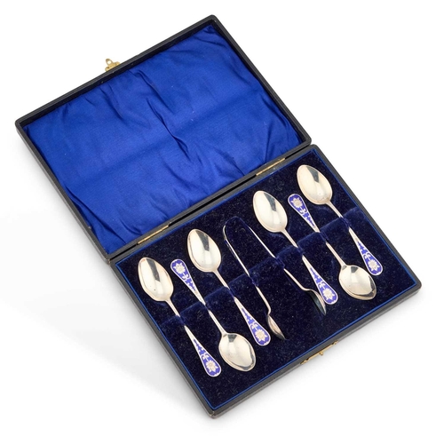 309 - A SET OF SIX EDWARDIAN SILVER AND ENAMEL TEASPOONS WITH SUGAR TONGS by A J Bailey, Birmingham 1907 a... 