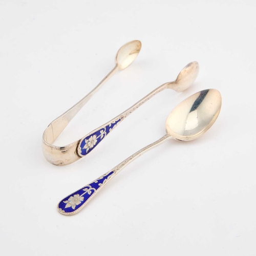 309 - A SET OF SIX EDWARDIAN SILVER AND ENAMEL TEASPOONS WITH SUGAR TONGS by A J Bailey, Birmingham 1907 a... 