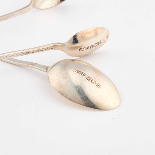 309 - A SET OF SIX EDWARDIAN SILVER AND ENAMEL TEASPOONS WITH SUGAR TONGS by A J Bailey, Birmingham 1907 a... 