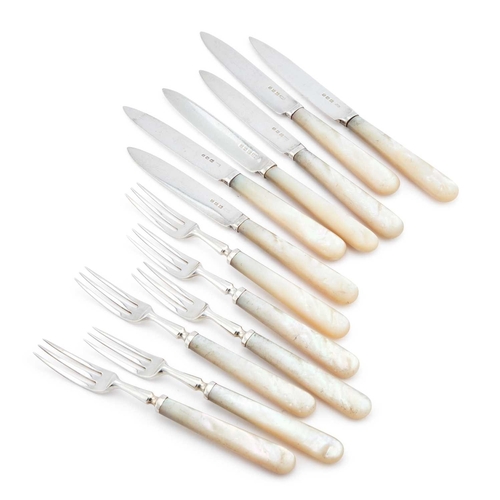 313 - A SET OF SIX SILVER AND MOTHER-OF-PEARL FRUIT KNIVES AND FORKS by Josiah Williams & Co, London k... 