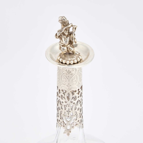 330 - A GEORGE V SILVER-MOUNTED GLASS DECANTER maker R.H, London 1919, the stopper surmounted by a cast fi... 