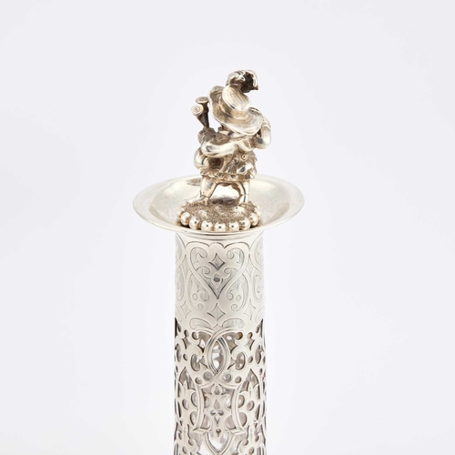 330 - A GEORGE V SILVER-MOUNTED GLASS DECANTER maker R.H, London 1919, the stopper surmounted by a cast fi... 