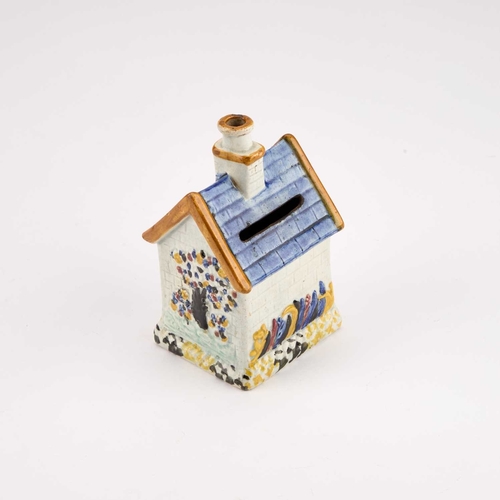 37 - A YORKSHIRE PRATT WARE MONEY BOX, CIRCA 1830 modelled as a simple cottage, the front, back and side ... 