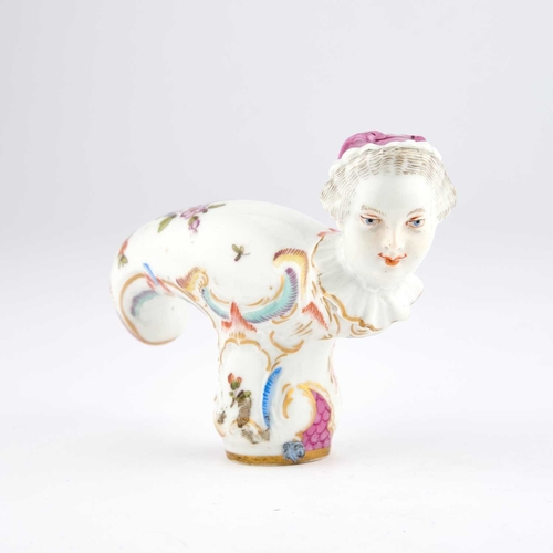 43 - A MEISSEN PORCELAIN 'FRAUENKOPF' CANE HANDLE modelled as a female head wearing a bonnet and ruff, mo... 