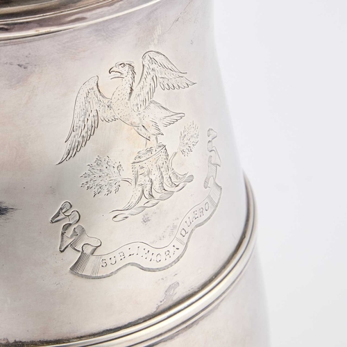 458 - AN EARLY GEORGE III SILVER TANKARD by Thomas Wallis I, London 1765, of baluster form with a hinged d... 