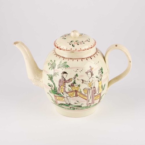 47 - A LARGE LEEDS CREAMWARE TEAPOT AND COVER, CIRCA 1770 painted with a gentleman handing a flower to a ... 