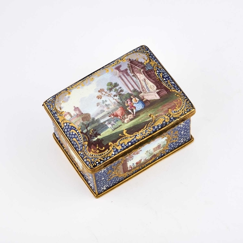 480 - A LARGE SOUTH STAFFORDSHIRE ENAMEL TABLE SNUFF BOX, CIRCA 1770 rectangular, painted with pastoral an... 