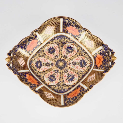 49 - A ROYAL CROWN DERBY IMARI DISH lozenge-shaped with acorn handles, red printed factory mark and paint... 