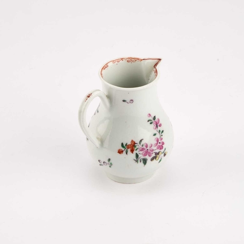 57 - A WORCESTER SPARROW BEAK JUG, CIRCA 1770 of pear shape with a grooved handle, painted with colourful... 