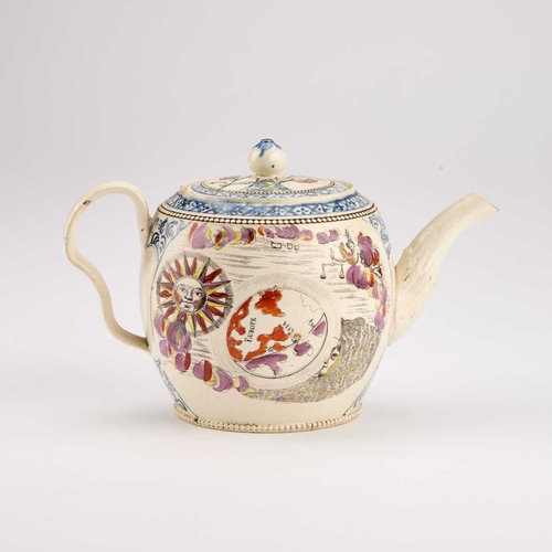 61 - A CREAMWARE TEAPOT AND COVER, CIRCA 1770-80 printed and hand-coloured with scenes of Juno and 'the W... 