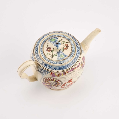 61 - A CREAMWARE TEAPOT AND COVER, CIRCA 1770-80 printed and hand-coloured with scenes of Juno and 'the W... 