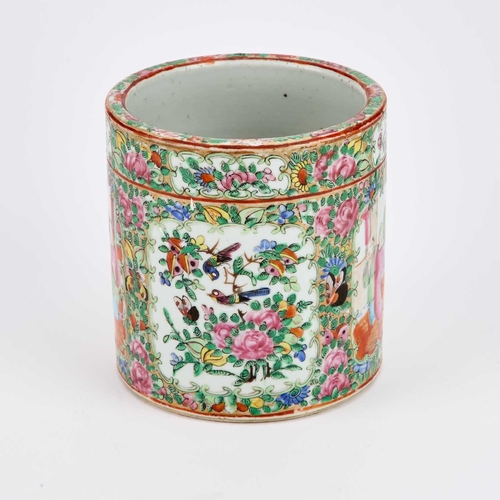 78 - A CHINESE FAMILLE ROSE BRUSH POT, 19TH CENTURY cylindrical, enamel painted with figures. 14cm highOv... 