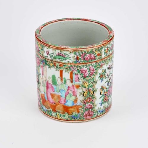 78 - A CHINESE FAMILLE ROSE BRUSH POT, 19TH CENTURY cylindrical, enamel painted with figures. 14cm highOv... 